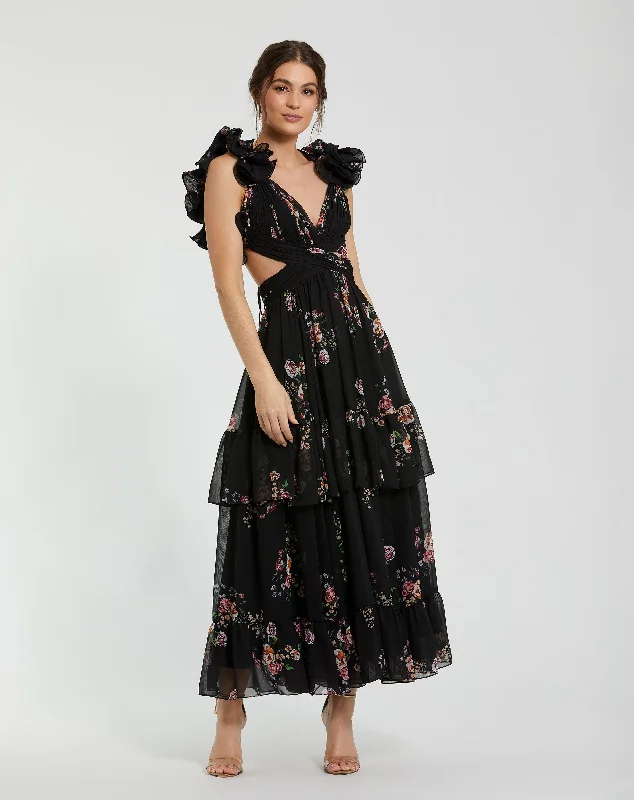 Ruffle Tiered Cut-Out Floral Print Chiffon Dress