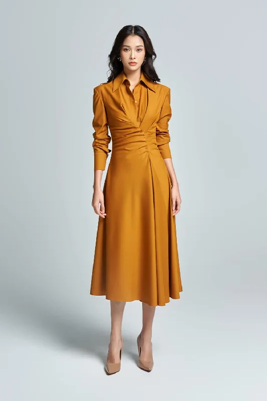 Anzu Shirt Cuff Sleeved Raw Fabric Midi Dress