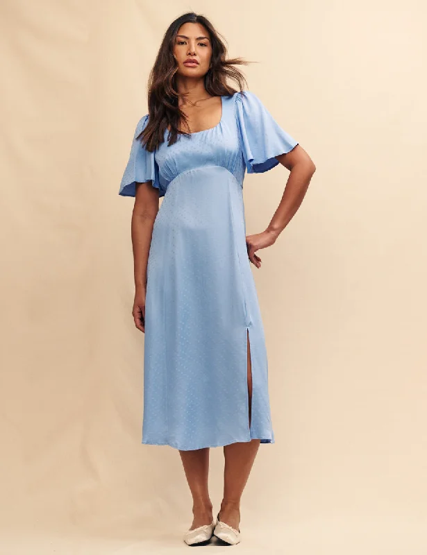 Blue Satin Jacquard Dee Dee Midi Dress