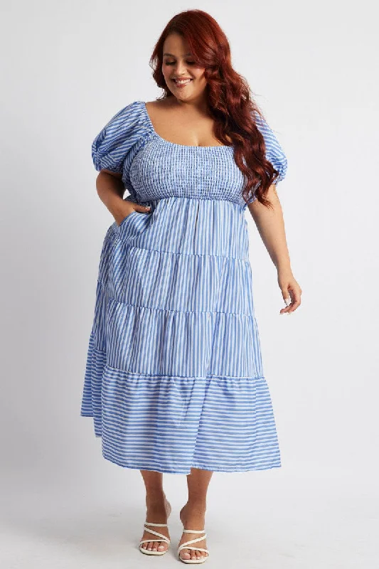 Blue Stripe Midi Dress Short Sleeve Shirred