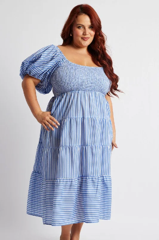 Blue Stripe Midi Dress Short Sleeve Shirred