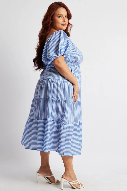 Blue Stripe Midi Dress Short Sleeve Shirred