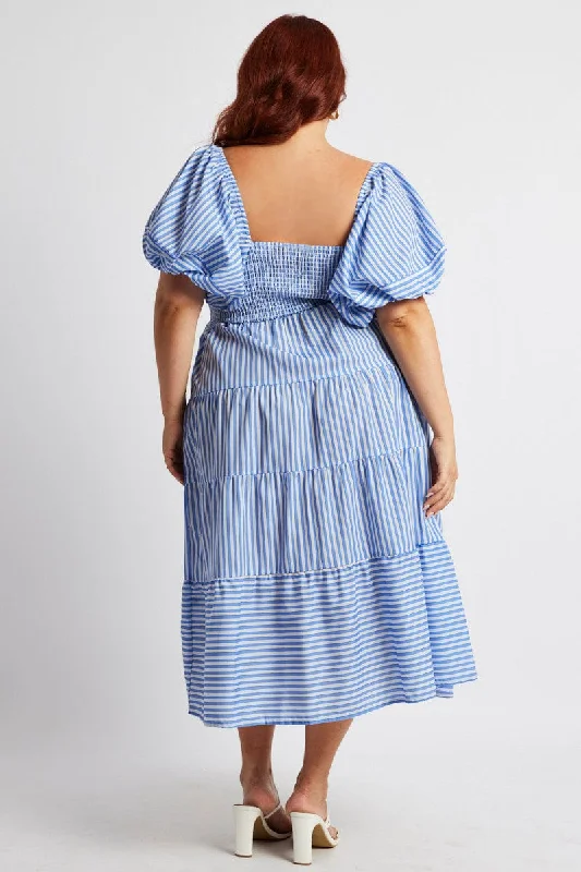 Blue Stripe Midi Dress Short Sleeve Shirred