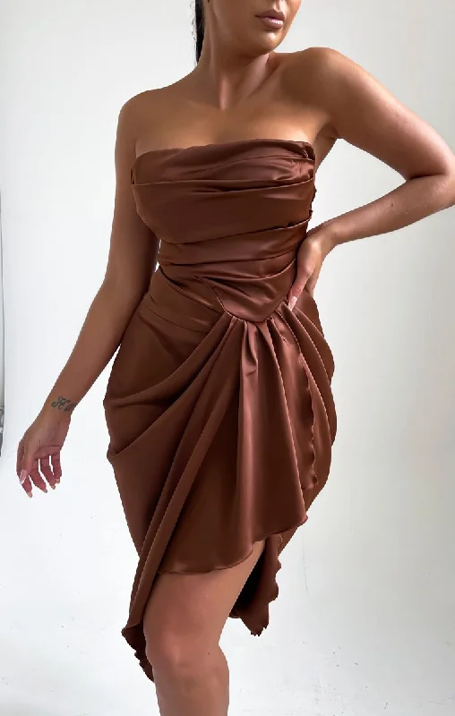 Chocolate Satin High Split Bardot Midi Dress - Fannie