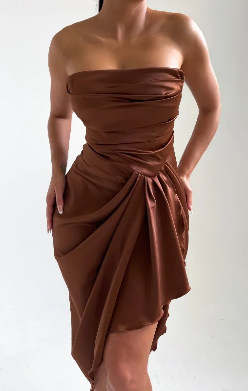 Chocolate Satin High Split Bardot Midi Dress - Fannie