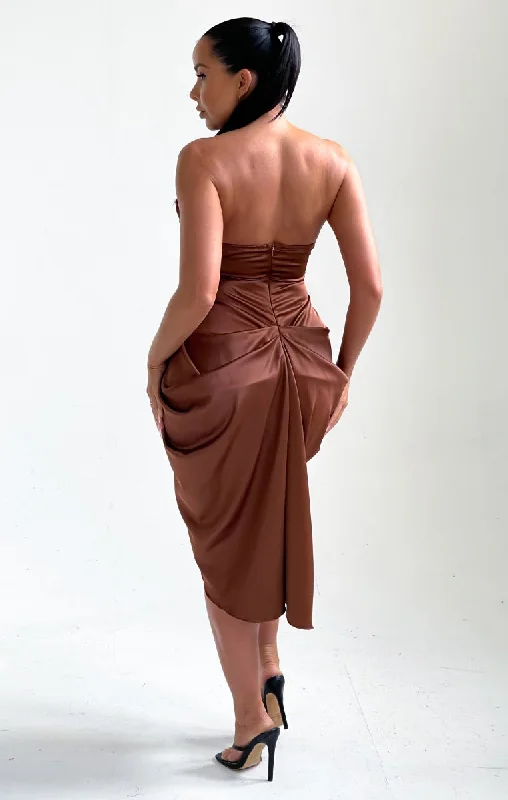 Chocolate Satin High Split Bardot Midi Dress - Fannie