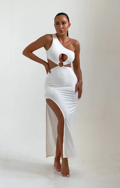 Cream One Shoulder Cut Out Ring Detail Side Split Midi Dress - Thea