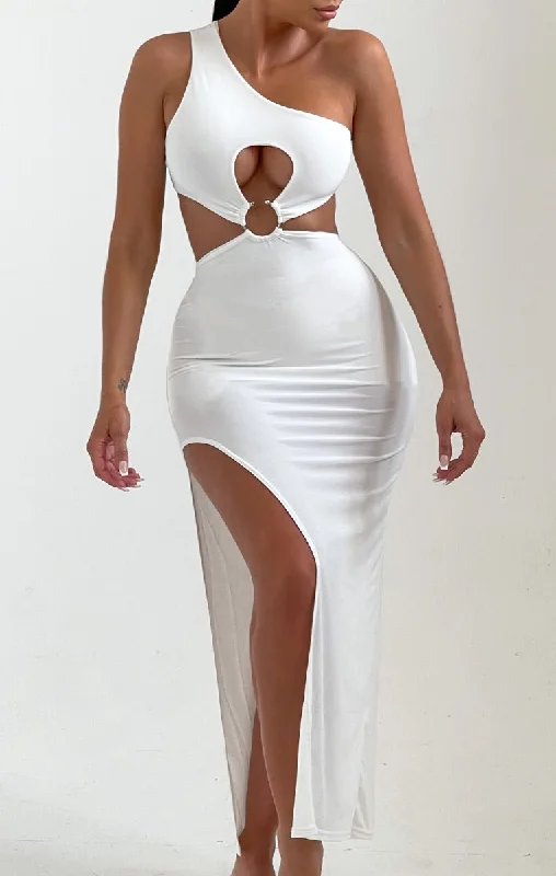 Cream One Shoulder Cut Out Ring Detail Side Split Midi Dress - Thea