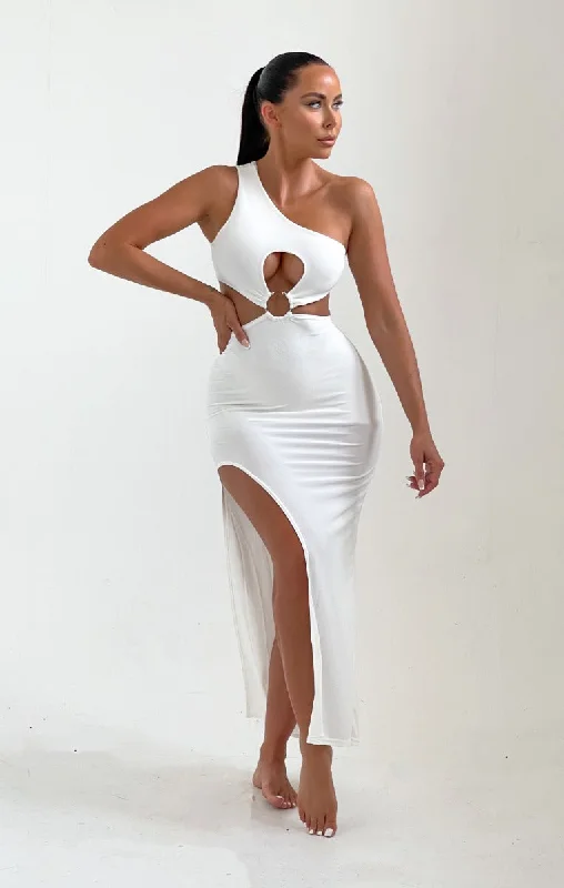 Cream One Shoulder Cut Out Ring Detail Side Split Midi Dress - Thea