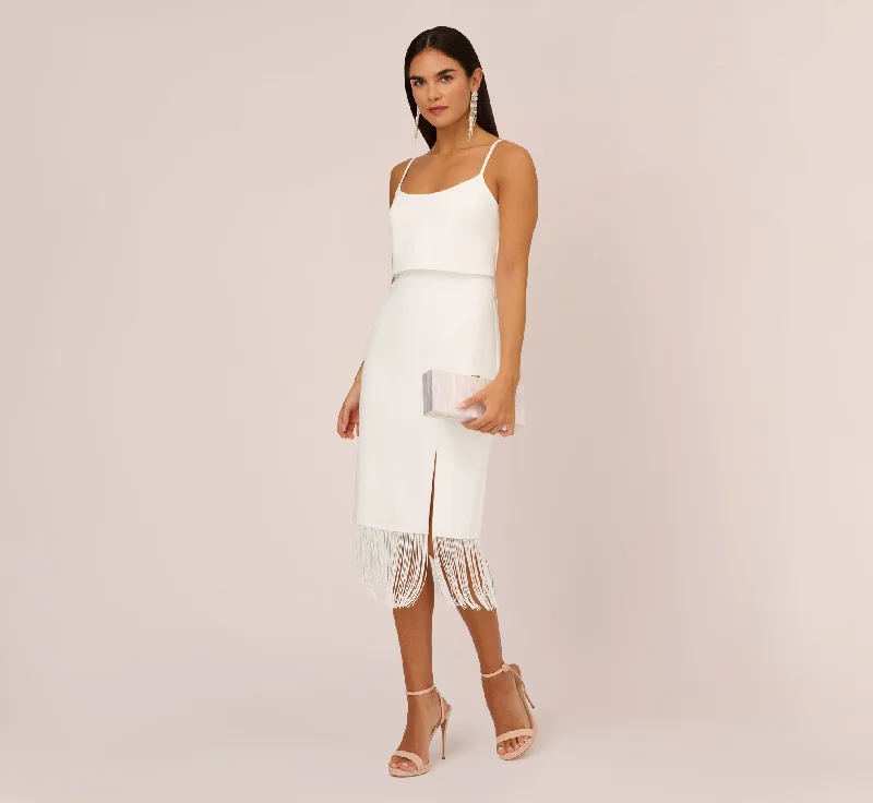 Crepe Popover Midi Dress With Fringe Trim In Ivory