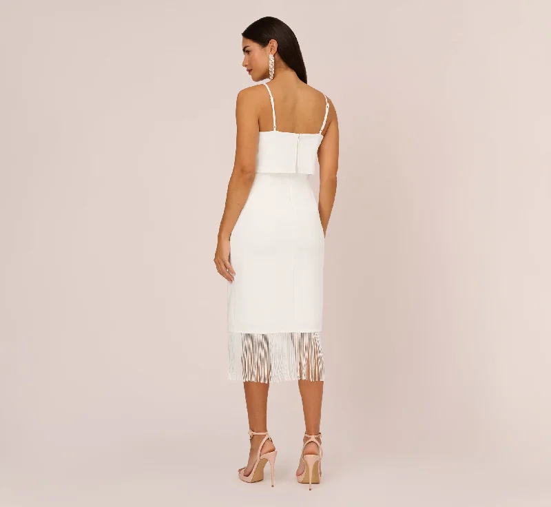 Crepe Popover Midi Dress With Fringe Trim In Ivory