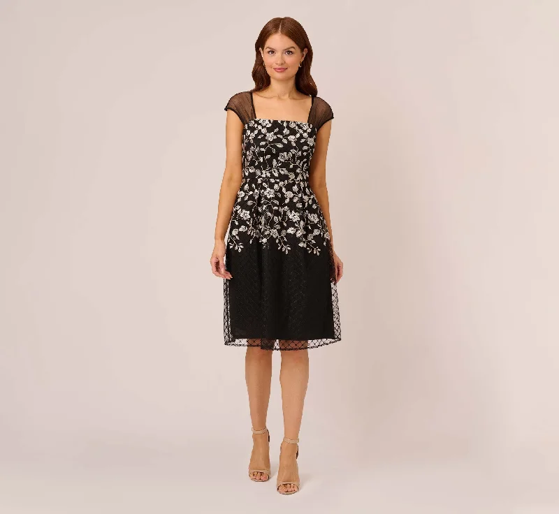 Floral Embroidered Midi Dress With Sheer Cap Sleeves In Black Ivory