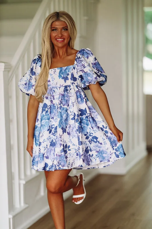 In the Air Floral Mini Dress - Blue and White