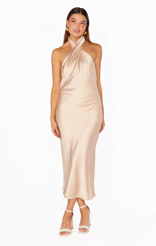 Jasmine Halter Midi Dress ~ Champagne Luxe Satin