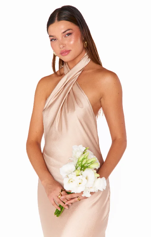 Jasmine Halter Midi Dress ~ Champagne Luxe Satin