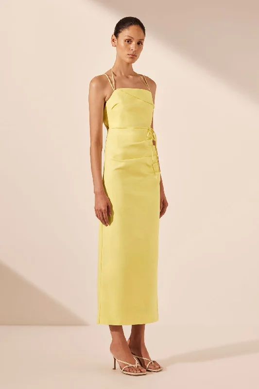 LANI DRAPED CROSS BACK MIDI DRESS - LEMON