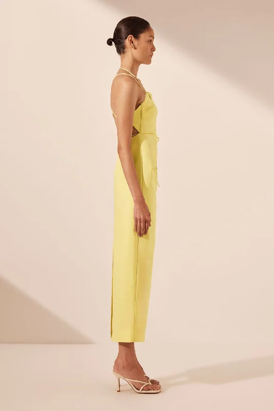 LANI DRAPED CROSS BACK MIDI DRESS - LEMON