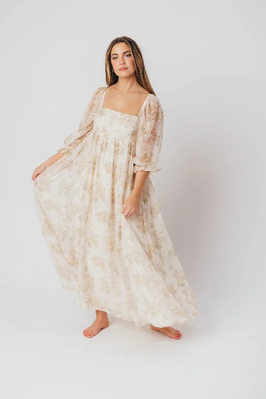 Mona Maxi Dress with Smocking in Cream Floral - Bump Friendly & Inclusive Sizing (S-3XL)