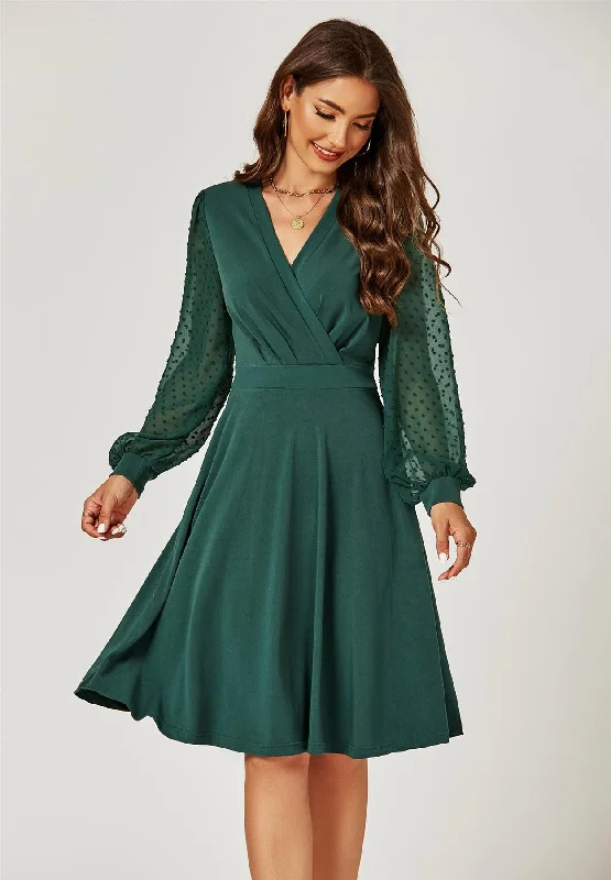 Long Chiffon Sleeve Pleated Midi Dress In Dark Green