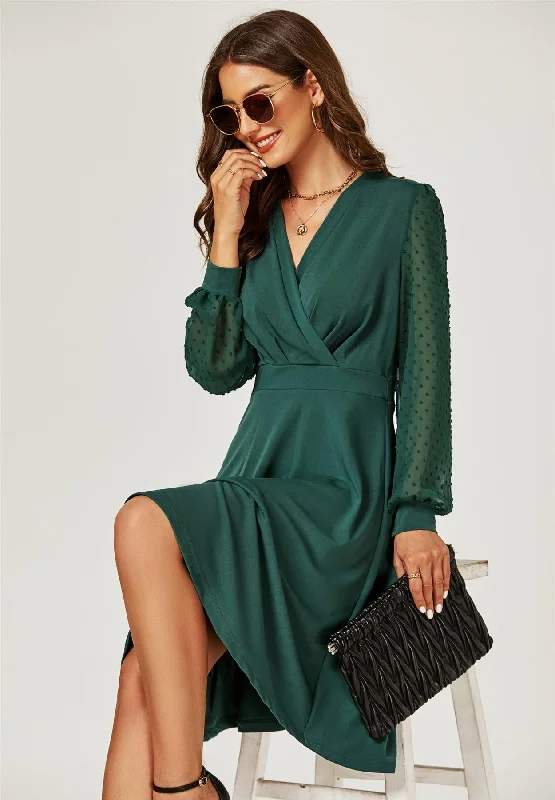 Long Chiffon Sleeve Pleated Midi Dress In Dark Green