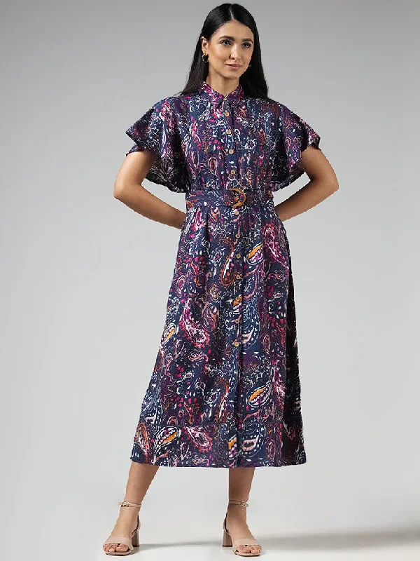 LOV Blue Paisley Printed Shirt Dress with Belt