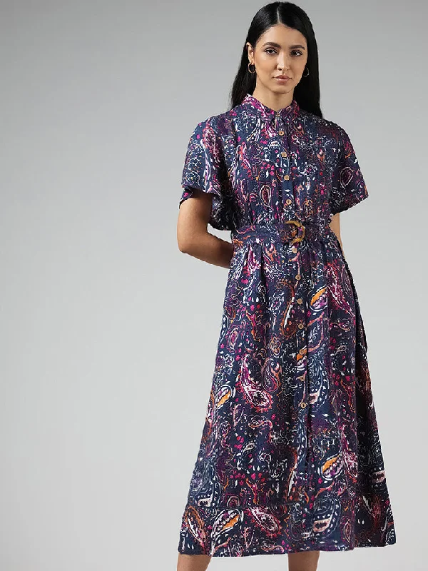 LOV Blue Paisley Printed Shirt Dress with Belt