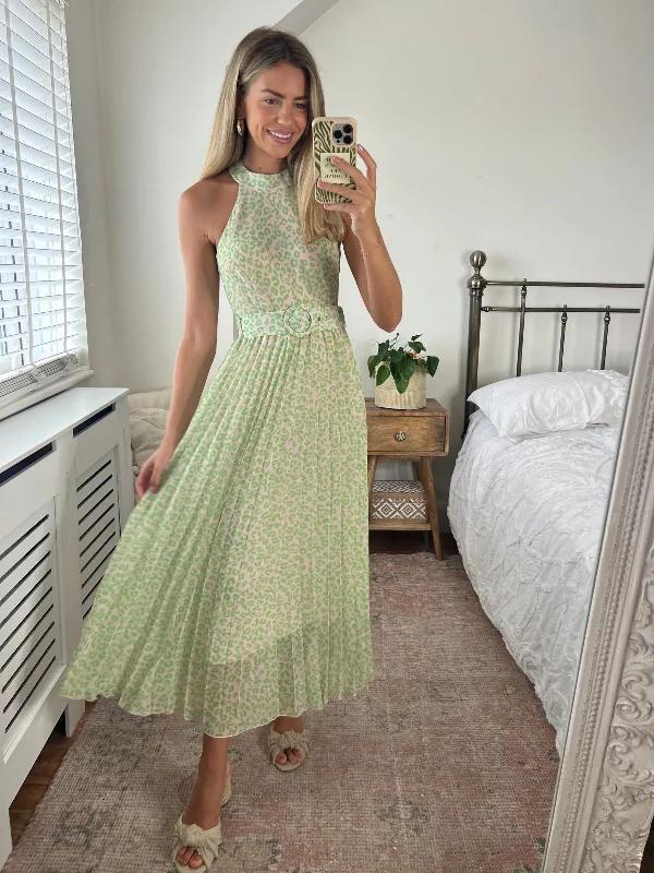 Luisa Belted Pleated Maxi Dress / Lime and Blush