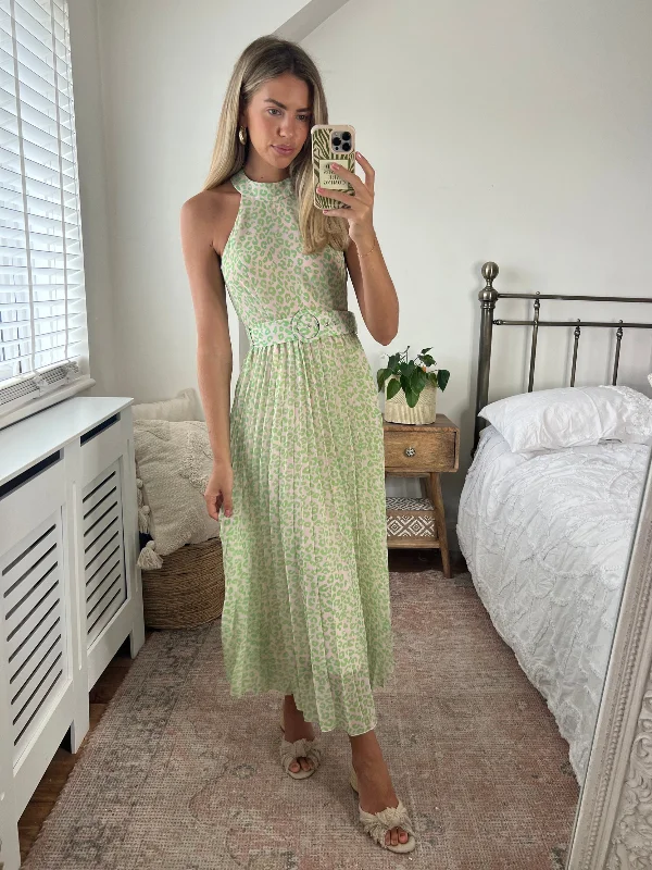 Luisa Belted Pleated Maxi Dress / Lime and Blush