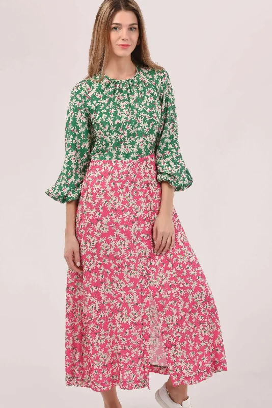 Molly Pink & Green Floral A Line Midi Dress