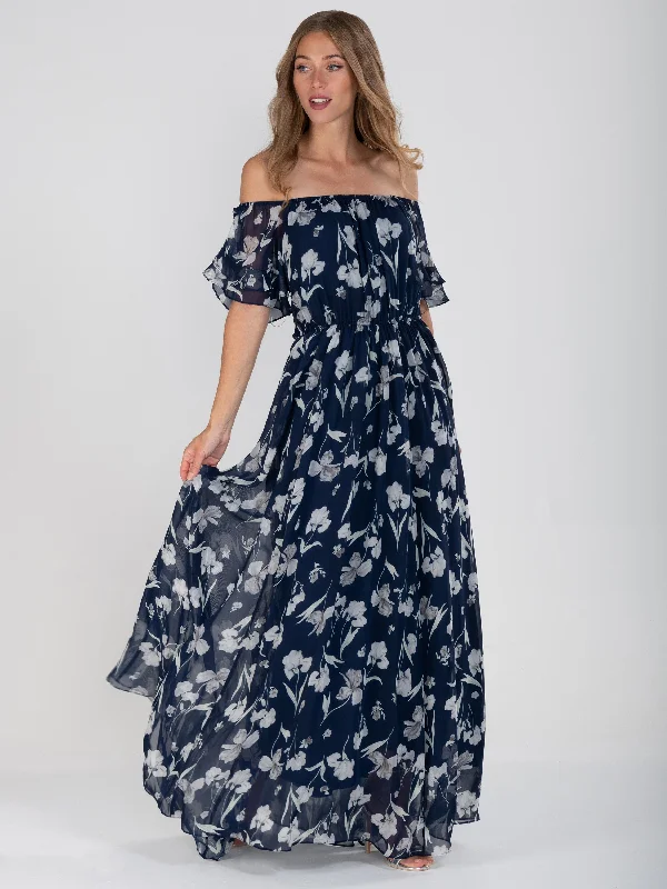 Off Shoulder Chiffon Maxi Dress, Navy Floral