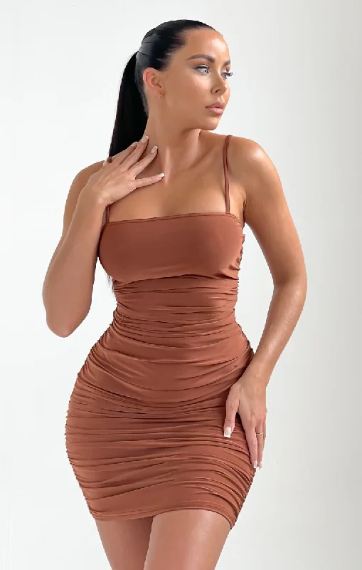 Pale Chocolate Slinky Ruched Thin Strap Midi Dress - Vienna