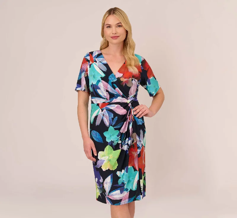 Plus Size Floral Knotted Sheath Dress With Elbow-Length Sleeves In Dark Navy Multi