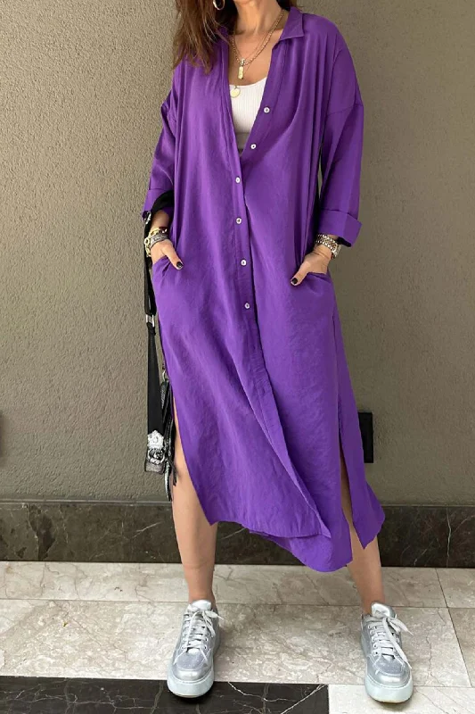 Solid Color Single-breasted Slit Shirt Dress