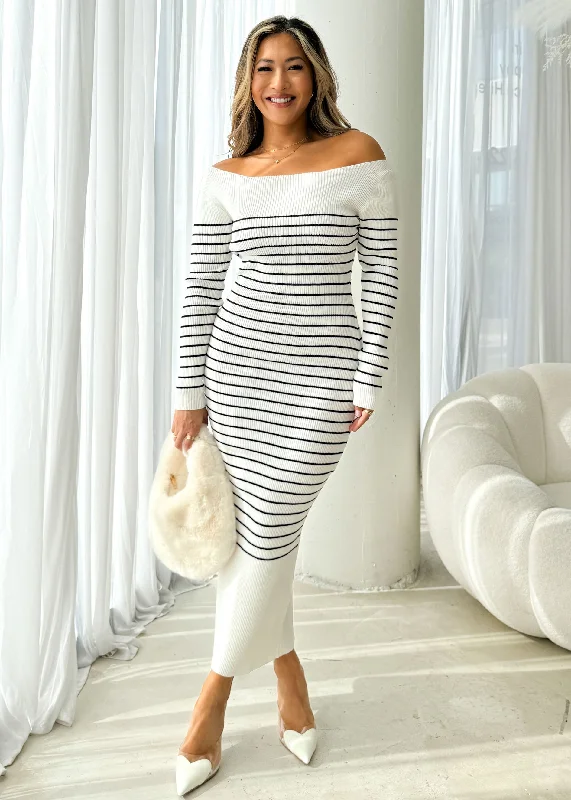 Stassy Knit Midi Dress - White Stripe