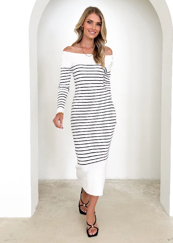 Stassy Knit Midi Dress - White Stripe