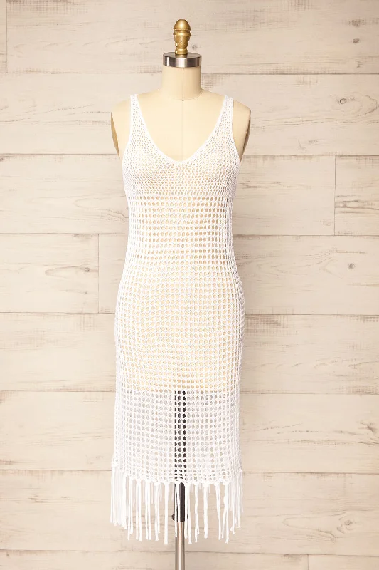 Yeri | White Crochet Midi Dress w/ Fringes