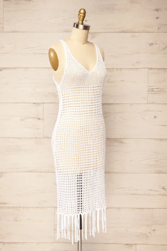 Yeri | White Crochet Midi Dress w/ Fringes