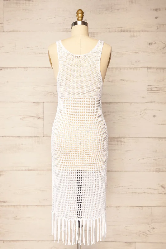 Yeri | White Crochet Midi Dress w/ Fringes