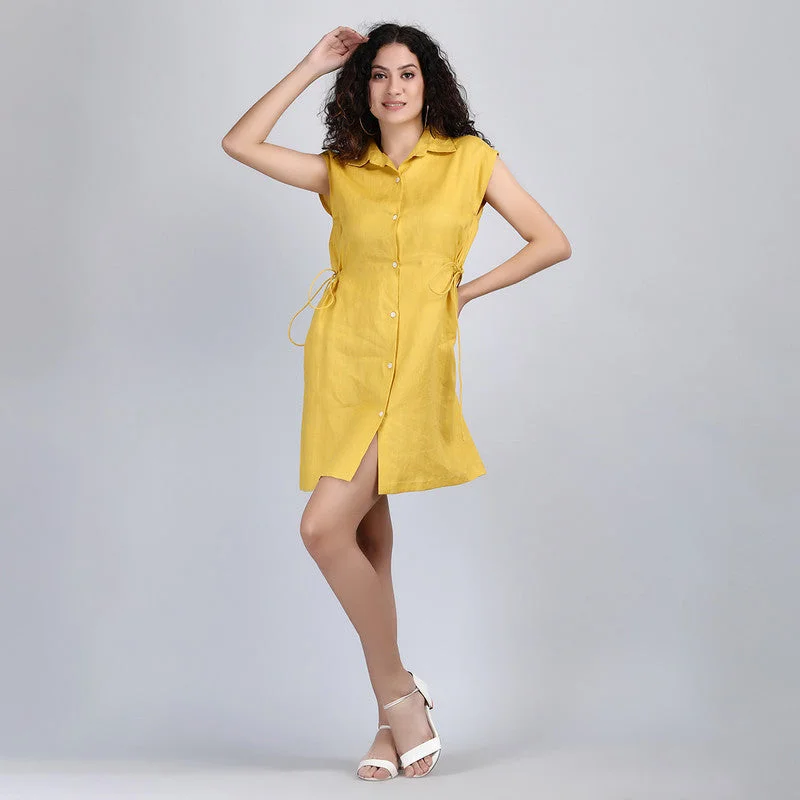 Linen Short Shirt Dress | Mustard