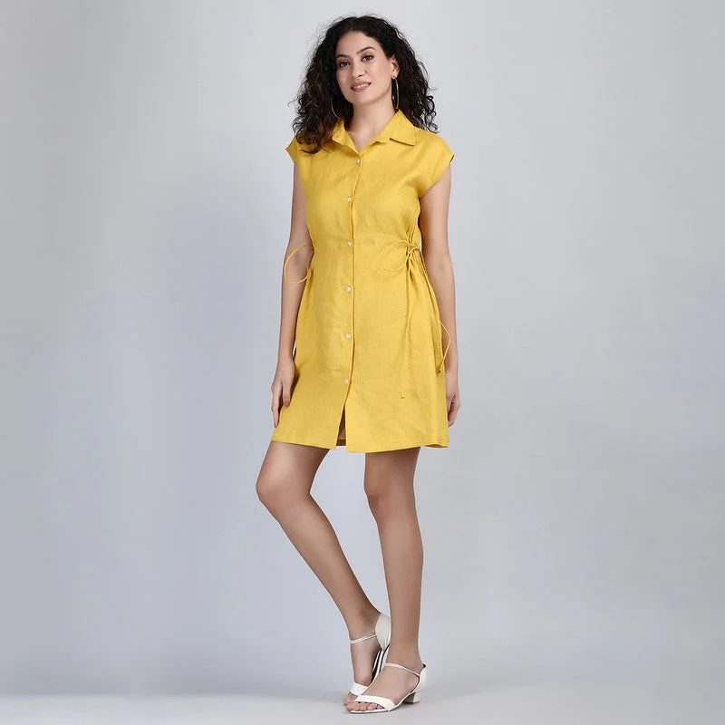 Linen Short Shirt Dress | Mustard