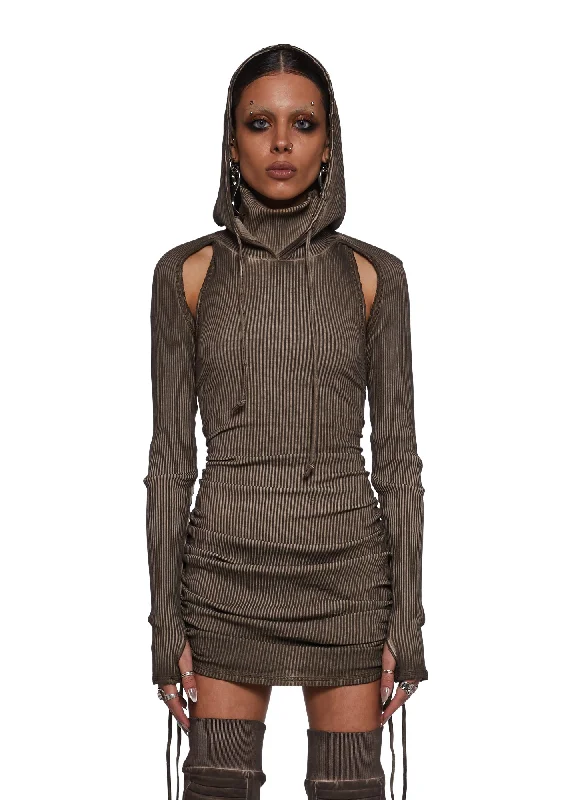 Atmosphere Ribbed Cold Shoulder Hooded Dress