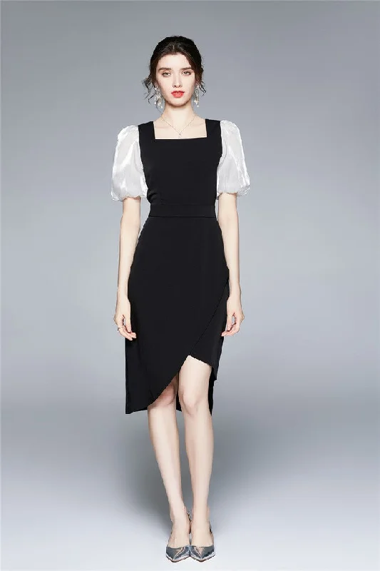 Black & White Office Fitted Squareneck Short Sleeve Above Knee Dress