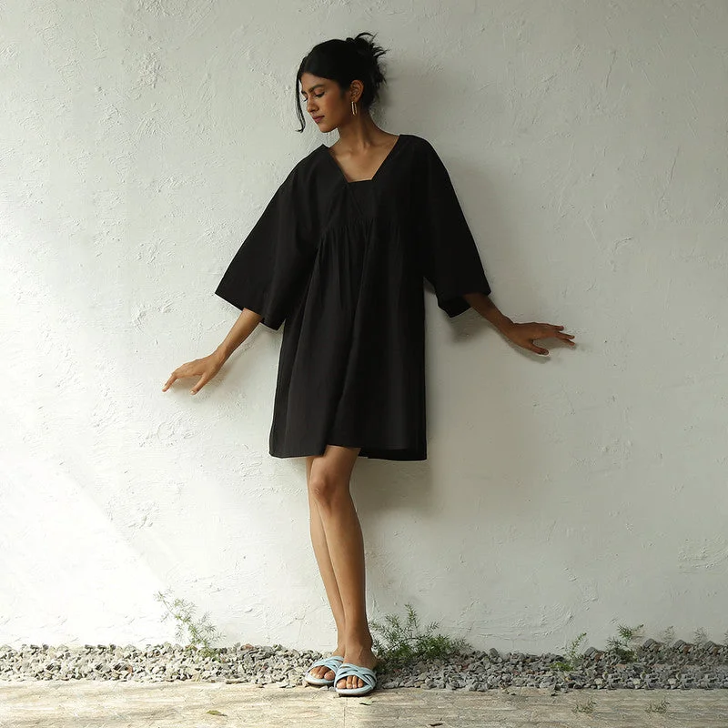 Cotton Poplin Black Short Dress | Loose Fit