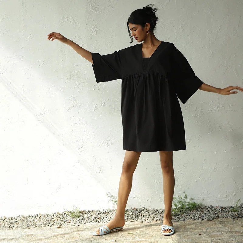 Cotton Poplin Black Short Dress | Loose Fit