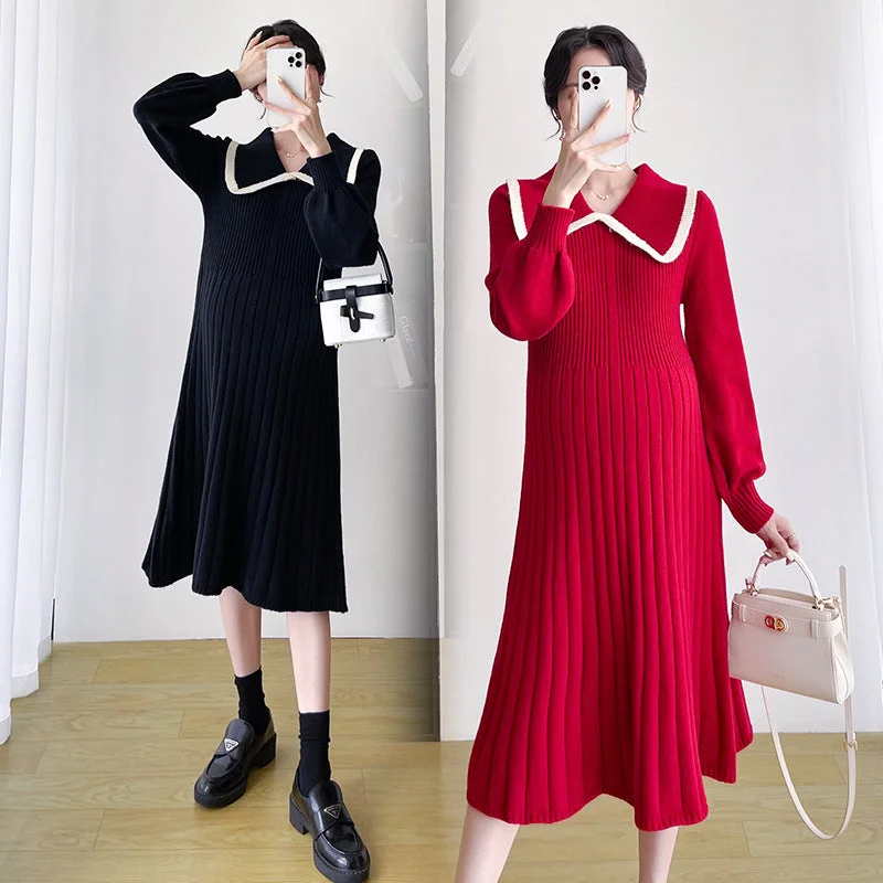 NiDELL Maternity Clothes . Autumn and Winter Doll Collar Big Pit Small Strip Design Sense Dress Sweater