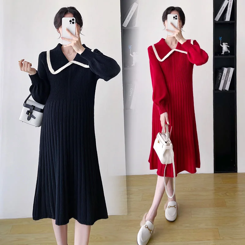 NiDELL Maternity Clothes . Autumn and Winter Doll Collar Big Pit Small Strip Design Sense Dress Sweater