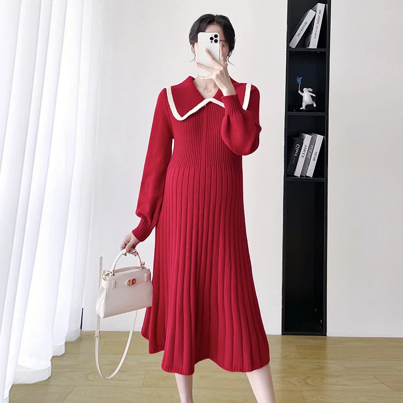 NiDELL Maternity Clothes . Autumn and Winter Doll Collar Big Pit Small Strip Design Sense Dress Sweater