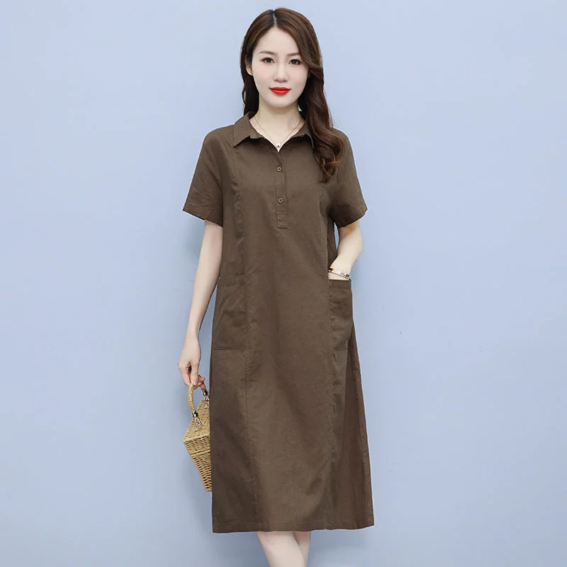 NiDELL Middle-Aged Mom Dress . Summer New Cotton and Linen High-End Loose Casual Wear Short Sleeve Temperament Mid-Length Skirt