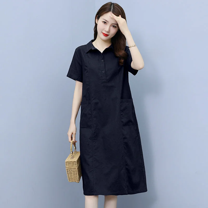 NiDELL Middle-Aged Mom Dress . Summer New Cotton and Linen High-End Loose Casual Wear Short Sleeve Temperament Mid-Length Skirt