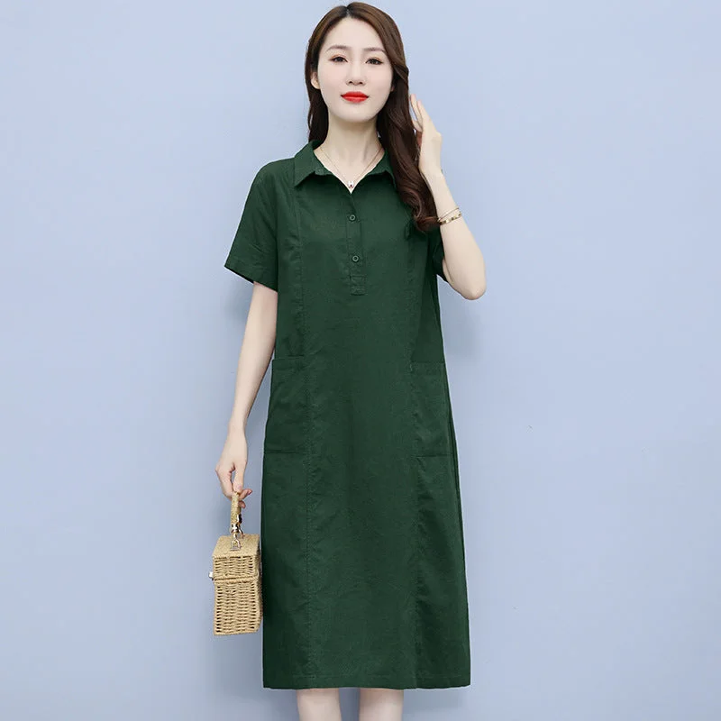 NiDELL Middle-Aged Mom Dress . Summer New Cotton and Linen High-End Loose Casual Wear Short Sleeve Temperament Mid-Length Skirt